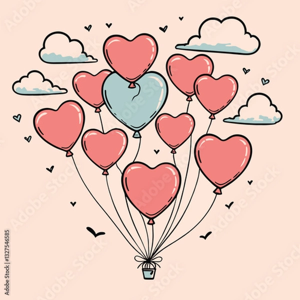 Fototapeta Heart Balloon Bouquet with Hot Air Balloon Vector