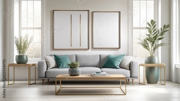 Fototapeta A contemporary living room featuring a light gray sofa, gold and teal accent wall art frames, a sleek wooden coffee table, and tall ceramic planters on minimalist side tables