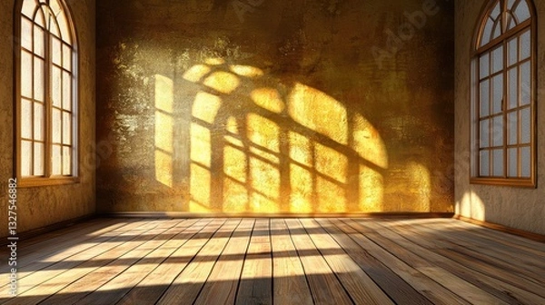 Fototapeta A tranquil moment as golden light touches a textured wall and rustic wooden flooring.