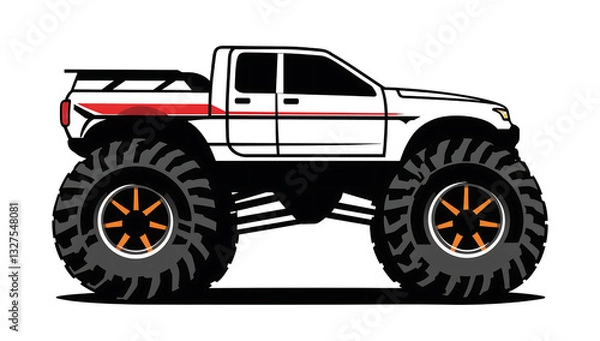 Fototapeta A white monster truck with large tires and a red stripe, ready for off-road adventures.
