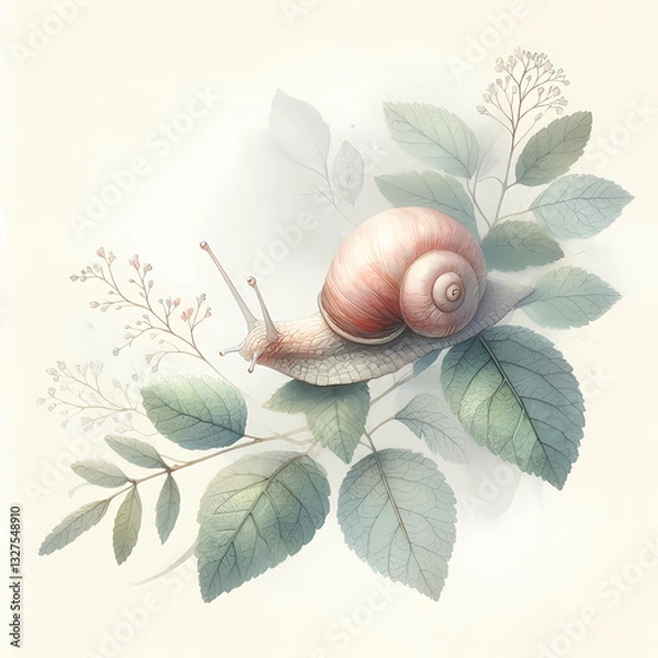 Fototapeta Hand-Painted Watercolor Illustration, A Delicate Snail Crawling on a Fresh Leaf, Soft Brush Strokes, Muted Pastel Tones, Gentle and Serene Atmosphere, Subtle Textured Background  