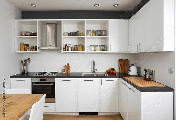 Fototapeta Compact kitchen with shelves, efficient use of space, neat.