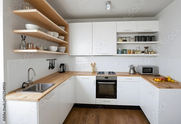 Fototapeta Compact kitchen with shelves, efficient use of space, neat.