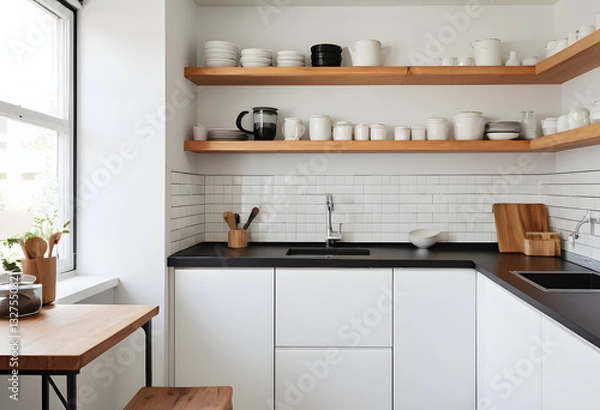 Fototapeta Small kitchen with open shelves, minimalist, accessible storage.