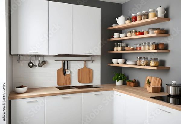 Fototapeta Floating shelves in mini kitchen, modern, space-saving design.
