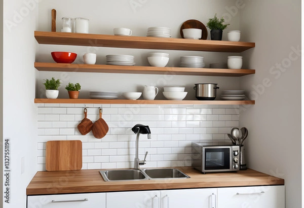 Fototapeta Floating shelves in mini kitchen, modern, space-saving design.