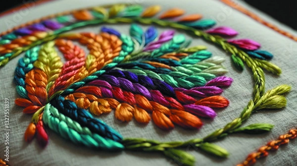 Fototapeta Close-up of colorful floral embroidery with vivid threads in spiral flower design. Rich texture and artistic detail perfect for ethnic textiles, handmade crafts, or traditional decorative patterns.