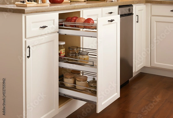 Fototapeta Pull-out shelves in small kitchen, easy access, space-efficient.