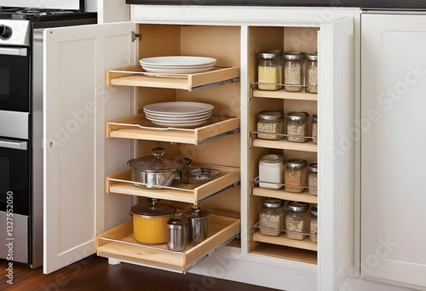 Fototapeta Pull-out shelves in small kitchen, easy access, space-efficient.