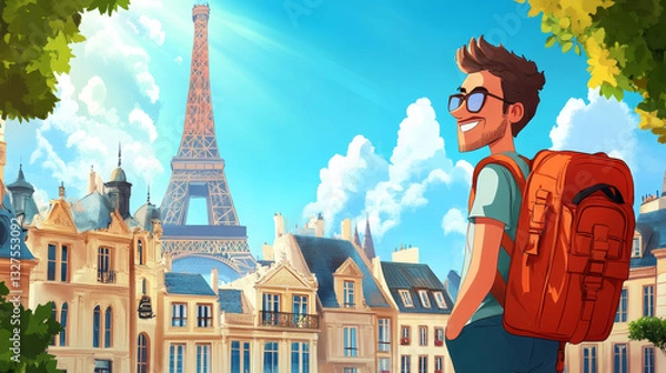 Fototapeta Summer language travel vector illustration.Travelling and learning foreign language. Education abroad concept. Traveller on vacation studying English, French. Europe tour banner. Man cartoon character