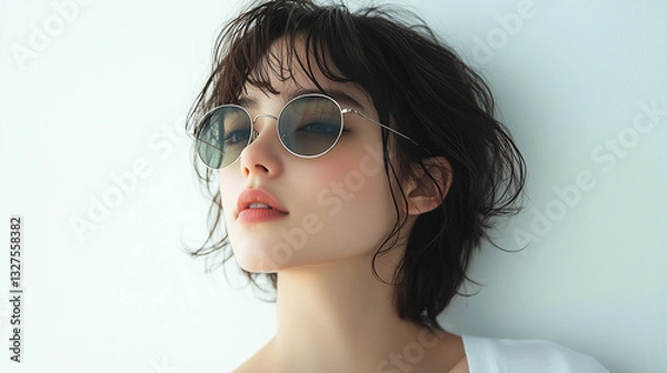 Fototapeta A side profile of a Japanese woman with short permed hair, wearing black-rimmed sunglasses with thin green lenses, dressed in a white T-shirt.