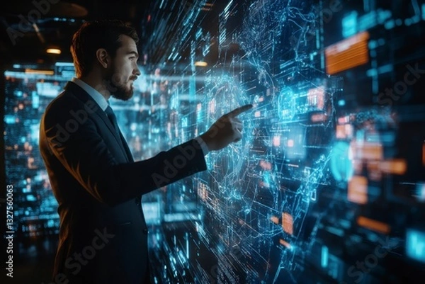 Fototapeta Businessman Interacting with Glowing Digital Data Interface