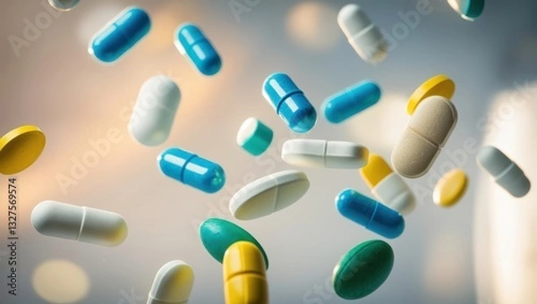 Obraz Slow Motion Capture Of Various Medical Pills And Capsules Thrown Into The Air, Isolated On Black Background, Showcasing A Dynamic Explosion Of Brown, White, And Yellow Medicines In Flight.