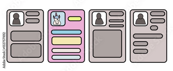 Fototapeta Four resumes next to each other, three similar and colourless, one colourful of the unicorn. Concept of finding the right candidate. 