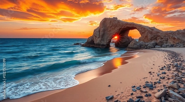 Fototapeta Beautiful sunset over a rocky arch at a tranquil beach. The warm hues of the setting sun cast a stunning glow over the calm sea and sandy shoreline.