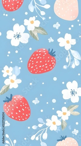 Fototapeta Strawberry floral Pattern: An eye-pleasing pattern of vibrant strawberries and delicate white flowers, gracefully arranged on a calming blue background.
