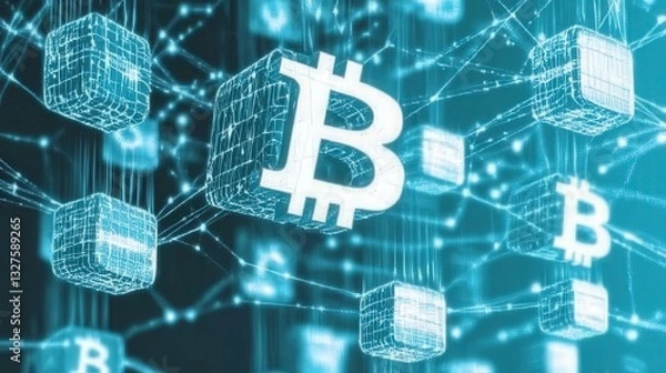 Obraz Digital Bitcoin Blockchain Network - Futuristic Cryptocurrency Art