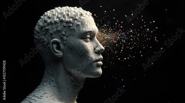 Fototapeta Pixelated Statue Head Profile Disintegrating Colorful Particles Digital Art