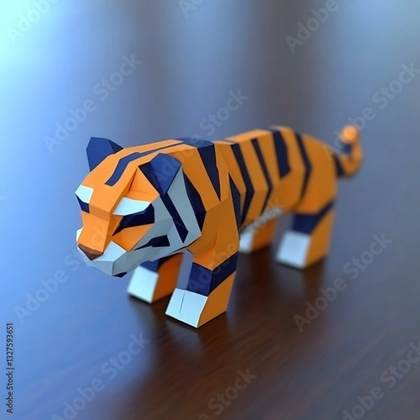 Fototapeta Low-poly tiger on a wooden surface