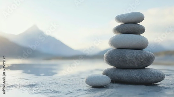 Fototapeta A stack of smooth grey stones balanced in perfect harmony against a blurred natural background. Ideal for concepts of zen, balance, mindfulness, and tranquility.