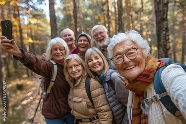 Fototapeta Elderly Friends Enjoying a Group Hike in Nature and Capturing a Selfie for Well-being.