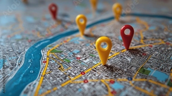 Fototapeta Capturing vibrant location pins urban macro photography artistic perspective colorful exploration