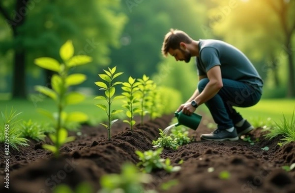 Fototapeta Nursery with young seedlings in a row. A male worker takes care of one of the seedlings, waters it or loosens the soil. An atmosphere of caring for nature, landscaping. The concept of caring for the e