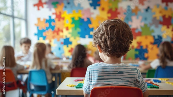 Obraz Children are sitting at their desks in a preschool classroom in a kindergarten decorated with multicolored jigsaw puzzles. World Autism Awareness Day