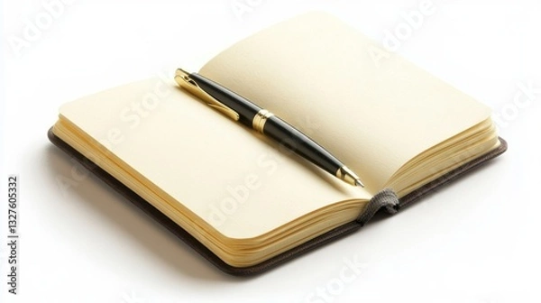 Fototapeta An open notebook with blank pages alongside a sleek pen, perfect for capturing ideas, notes, or sketches, Ideal for educational materials, blogs, or articles about writing, planning, or creativity,