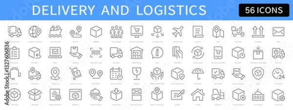 Obraz Delivery and Logistics thin line icons set. Delivery, shipping, tracking, parcel, box icon. Editable stroke. Vector 