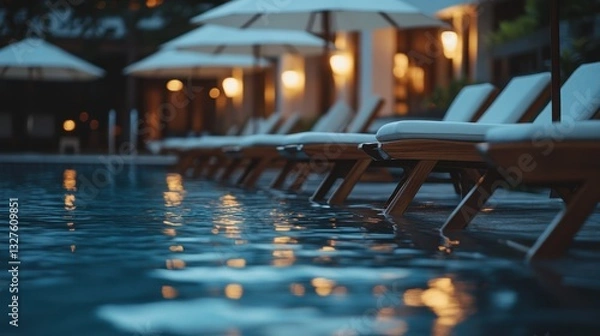Fototapeta Of a Elegant hotel pool with wooden sun loungers, white umbrellas, and soft waves reflecting the evening lights