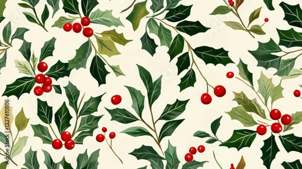 Obraz Christmas decorative leaves holly and branches with red berries evergreen winter flower floral plant seamless pattern background vector illustration