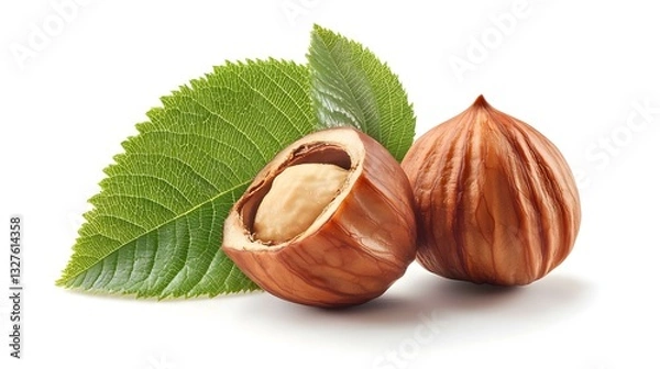 Obraz Hazelnuts with Leaves Isolated on White Background