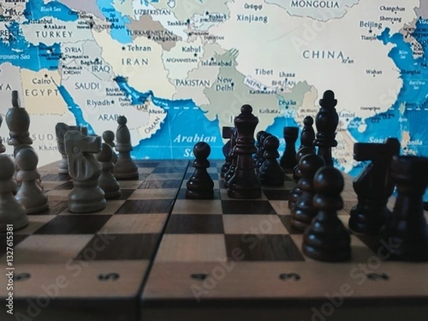 Fototapeta Geopolitical Strategy Concept. Chess, Strategy game with pieces on chessboard and world map in background