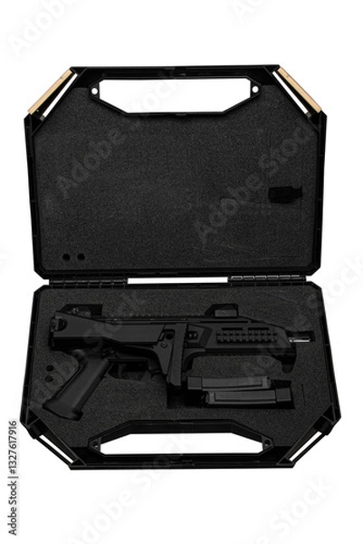 Fototapeta A black firearm in an open black hard case with foam padding, showcasing a compact design and a magazine, ideal for secure storage and transport, isolated on a transparent back
