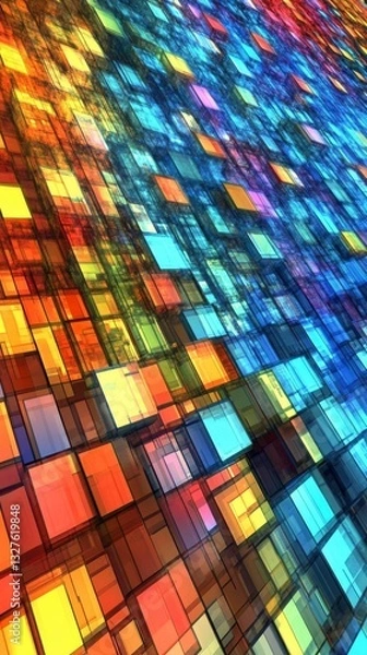 Obraz Abstract Colorful Glass Building Facade Design.  Geometric patterns and vibrant colors create a captivating modern architectural masterpiece.