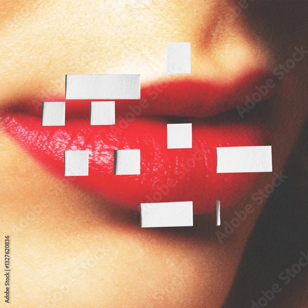 Obraz Abstract woman red lips mosaic paper art collage illustration. Some parts of paper are cut out on model's lips. Grunge, noise and motion blur effect applied. Vivid colors, retro vintage style