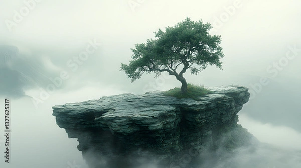 Obraz A solitary tree stands atop a rocky outcrop surrounded by misty mountains at dawn