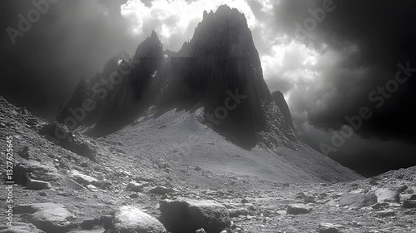 Obraz Majestic mountain peaks loom under a dramatic sky, casting shadows on a rocky landscape