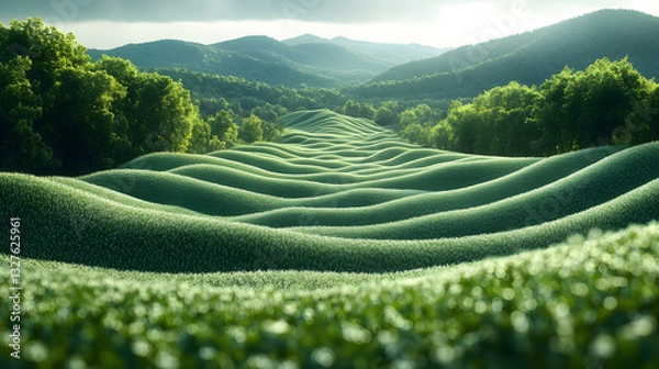 Obraz Lush Green Rolling Hills Under Soft Light with Scenic Mountains in the Background