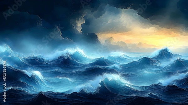 Obraz Dramatic seascape at sunset with turbulent waves and dark stormy clouds in the background