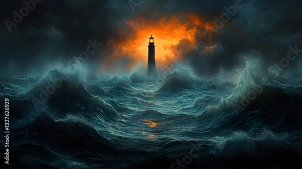 Obraz A dramatic lighthouse stands tall against turbulent waves and a fiery sky at sunset