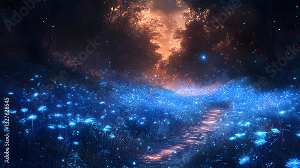 Obraz Enchanted twilight forest with glowing flowers and a serene path leading into the mystical background