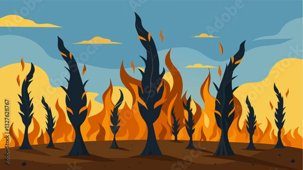 Fototapeta The remnants of twisted and burnt corn stalks protruded from the ground like gnarled fingers reaching for help in the aftermath of the heatwave.. Vector illustration