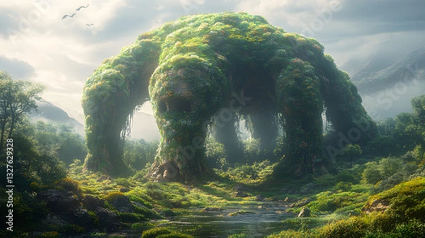 Obraz Majestic forest giant emerges from lush greenery, surrounded by serene river and distant mountains