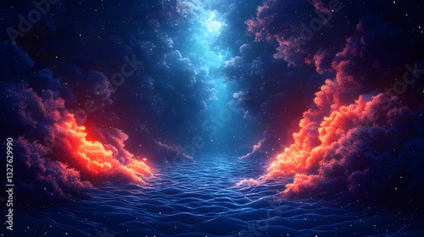 Obraz Serene ocean scene with vibrant clouds and light beams illuminating the water surface at dusk