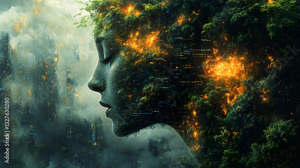 Obraz A serene profile of a woman merging with a lush forest, illuminated by glowing elements, amidst a misty cityscape