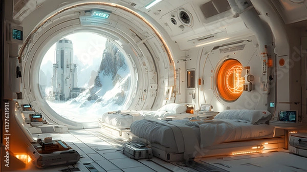 Obraz Futuristic sleeping quarters in a space station overlooking a snowy mountain landscape