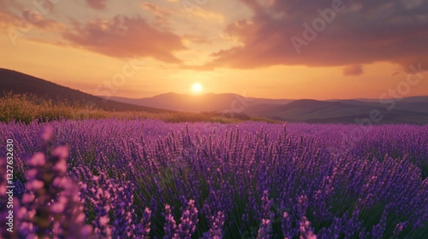 Obraz Stunning lavender field at sunset with rolling hills in the background
