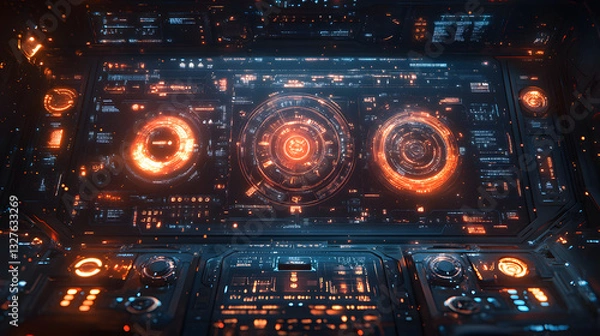 Obraz Futuristic control panel with glowing interfaces and holographic displays in a sci-fi environment